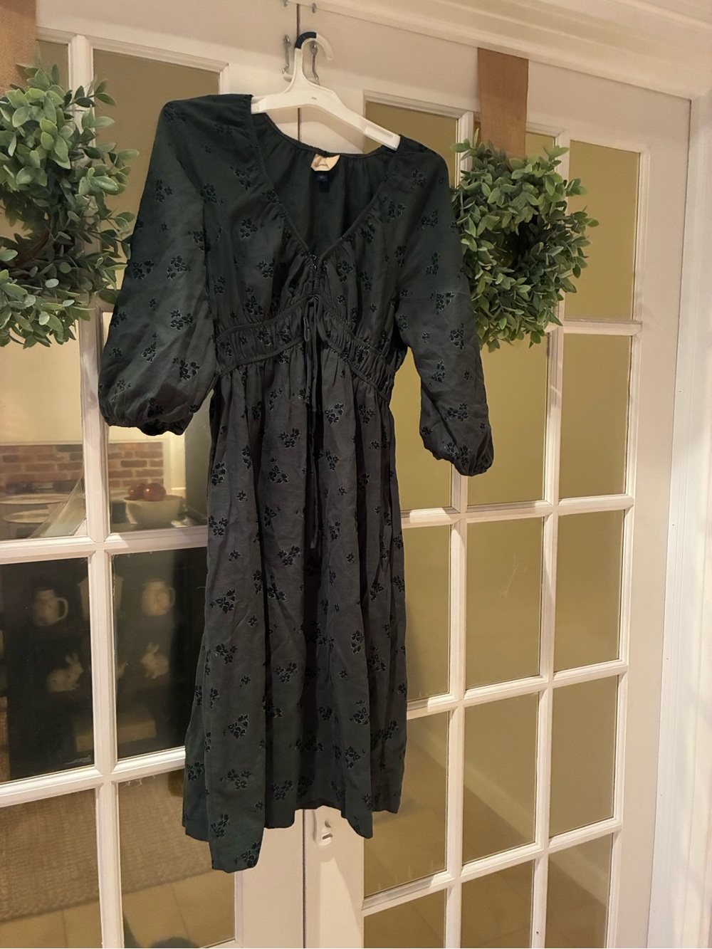 Dark Green floral linen Midi Dress